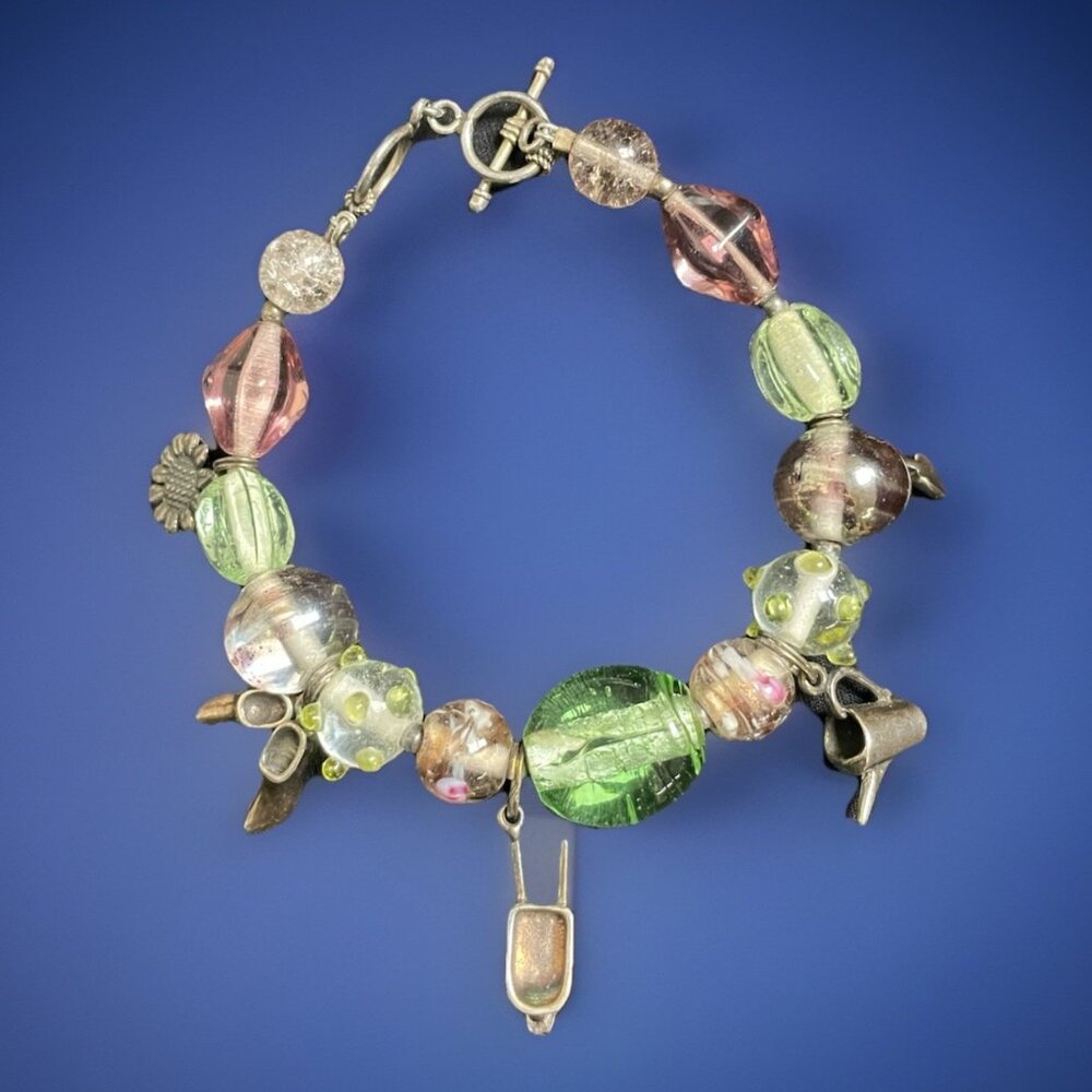 925 Sterling Silver Charm Dangle Glass Bracelet Gardening Theme Sz 6.5” Or 7.25